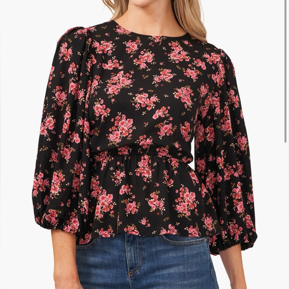CeCe Blooming Romance Peplum Blouse Black Floral Size Small